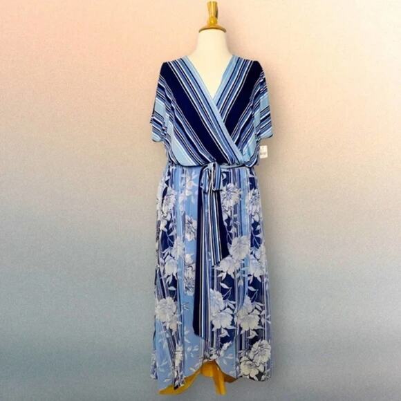 LANE BRYANT BLUE striped, floral faux wrap MAXI DRESS plus SIZE‎ 26 - Picture 2 of 11